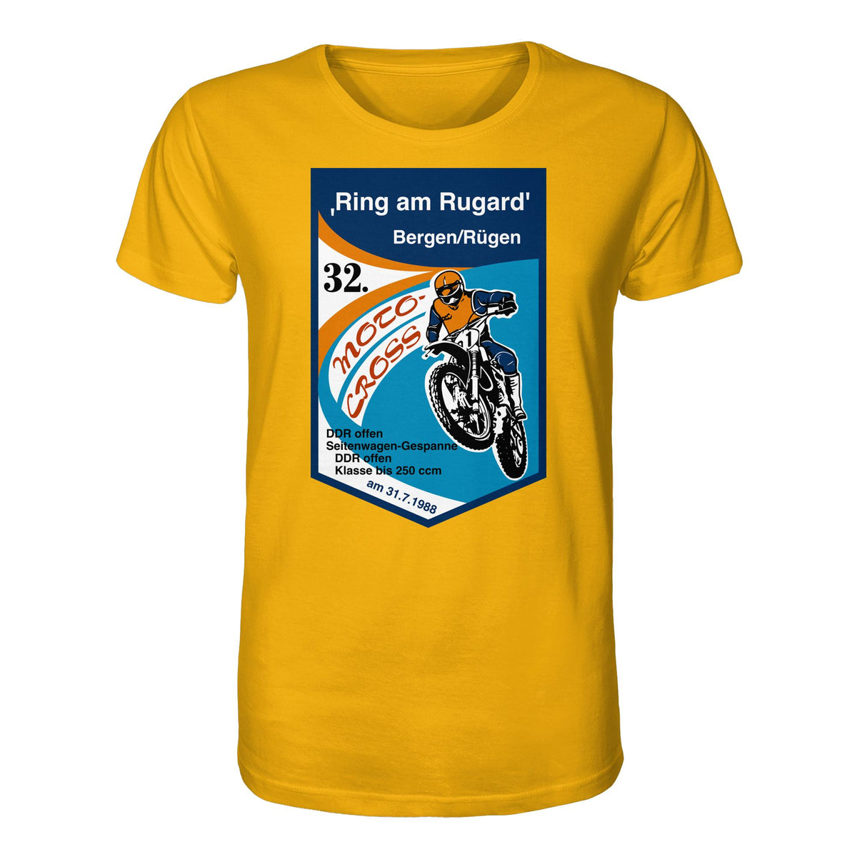 DDR Ostalgie Bio-Shirt Unisex • RING AM RUGARD, RÜGEN 32. MOTO-CROSS-RENNEN 1988 (ORIGINAL-WIMPEL)