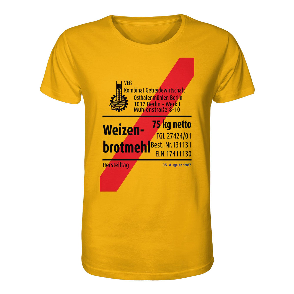 DDR Ostalgie Bio-Shirt Unisex • WEIZENMEHL - VEB KOMBINAT GETREIDEWIRTSCHAFT (ORIGINAL-VERPACKUNG)