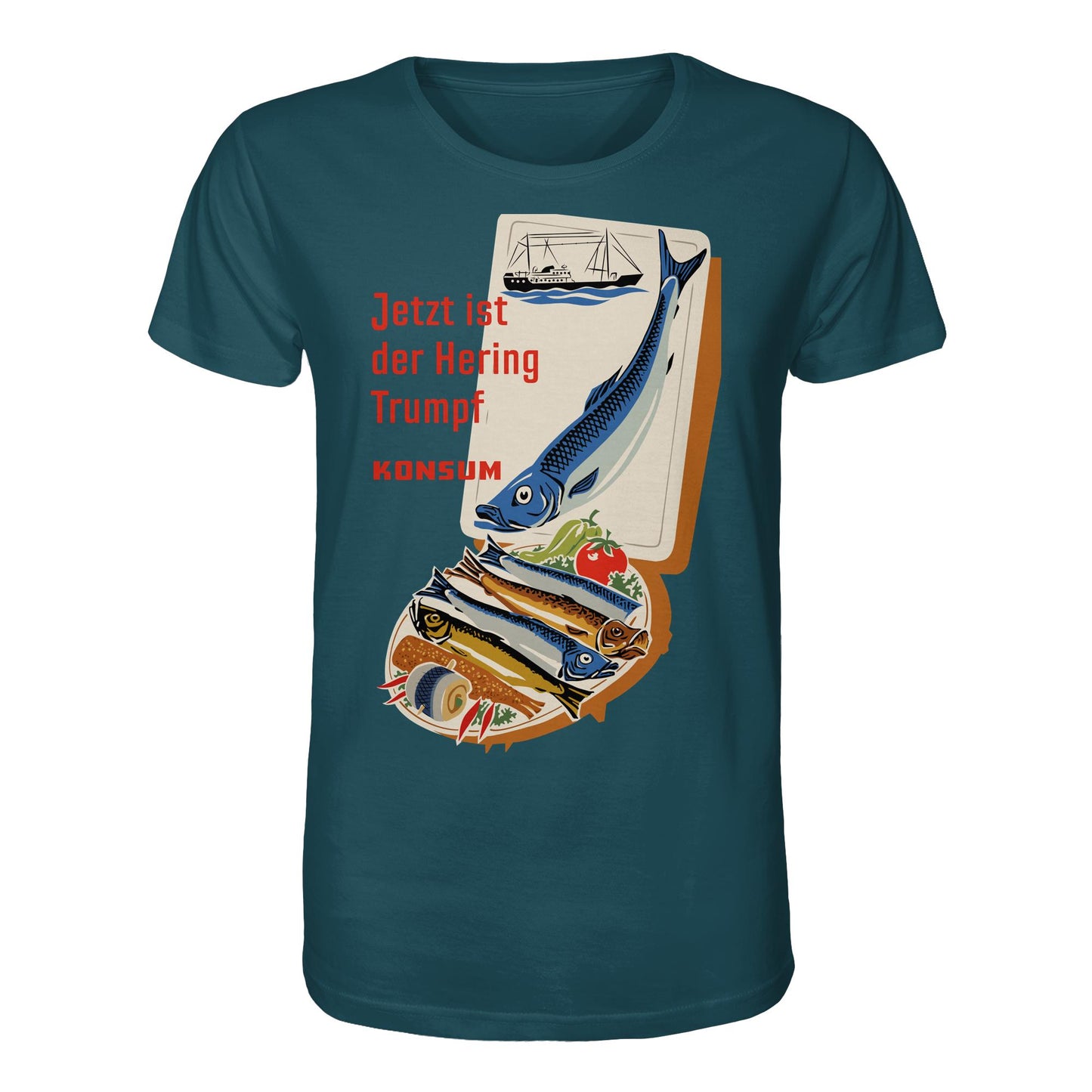DDR Ostalgie Bio-Shirt Unisex • JETZT IST DER HERING TRUMPF (ORIGINAL KONSUM-PLAKAT)