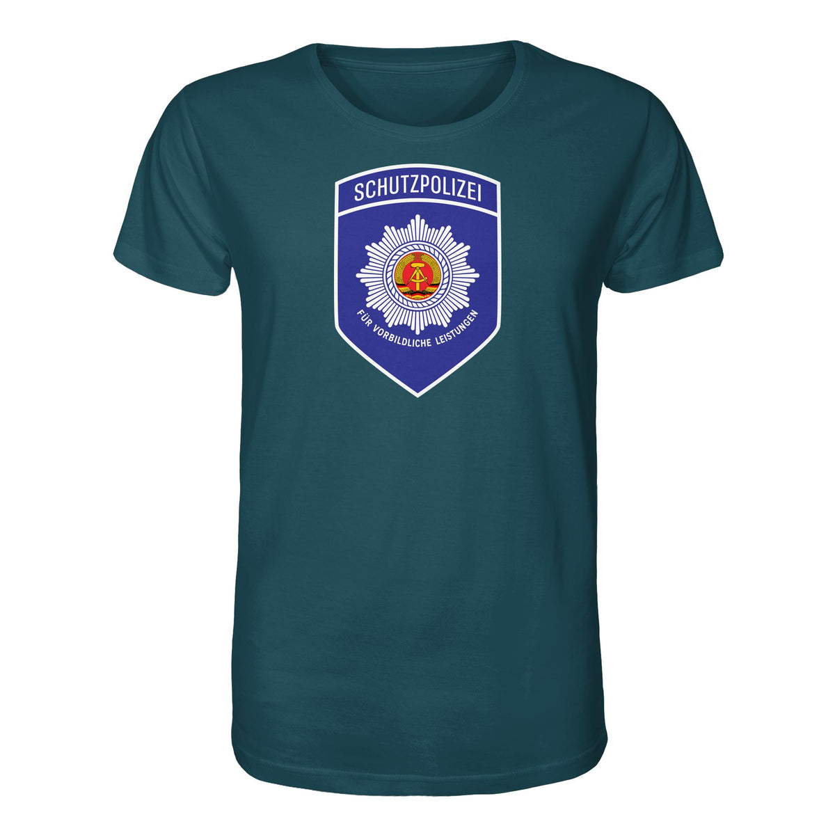 DDR Ostalgie Bio-Shirt Unisex • SCHUTZPOLIZEI - FÜR VORBILDLICHE LEISTUNGEN (ORIGINAL-AUFNÄHER)