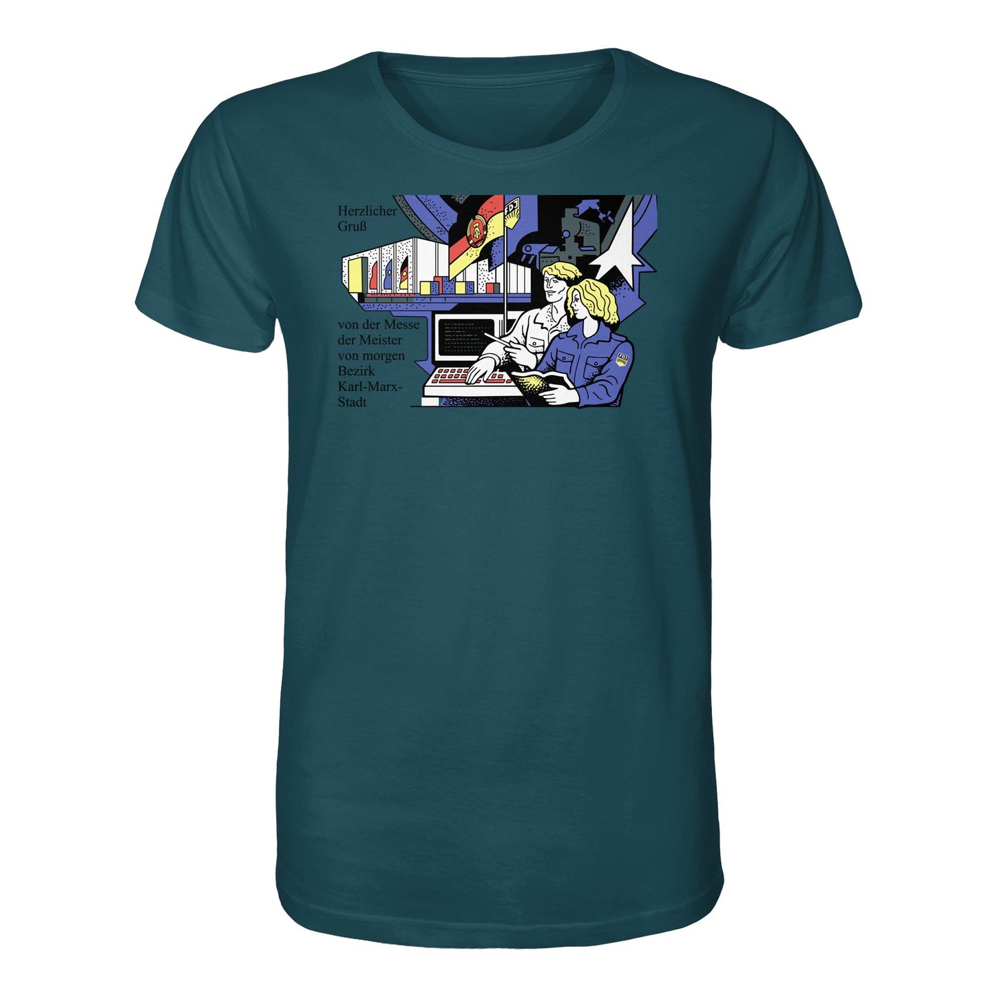 DDR Ostalgie Bio-Shirt Unisex • MESSE DER MEISTER VON MORGEN, KARL-MARX-STADT (ORIGINAL BRIEFMARKE)