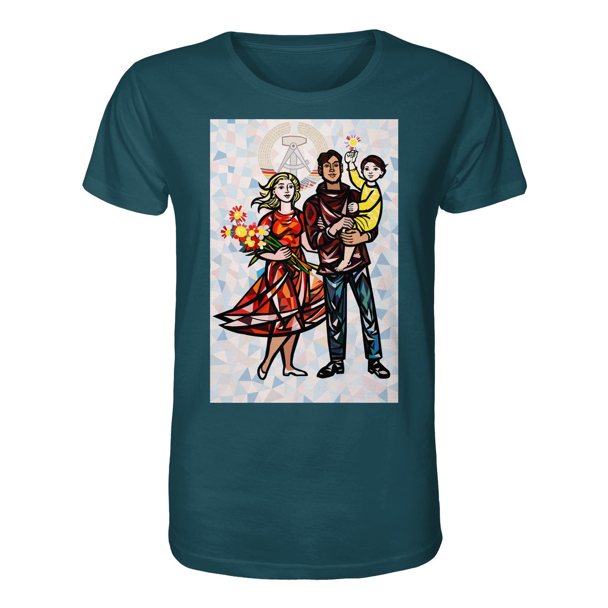 DDR Ostalgie Bio-Shirt Unisex • WALTER WOMACKA - UNSERE FAMILIE mit Hintergrund (STAATSRATSGEBÄUDE, Aus der Geschichte der Deutschen Arbeiterbewegung, 1964)