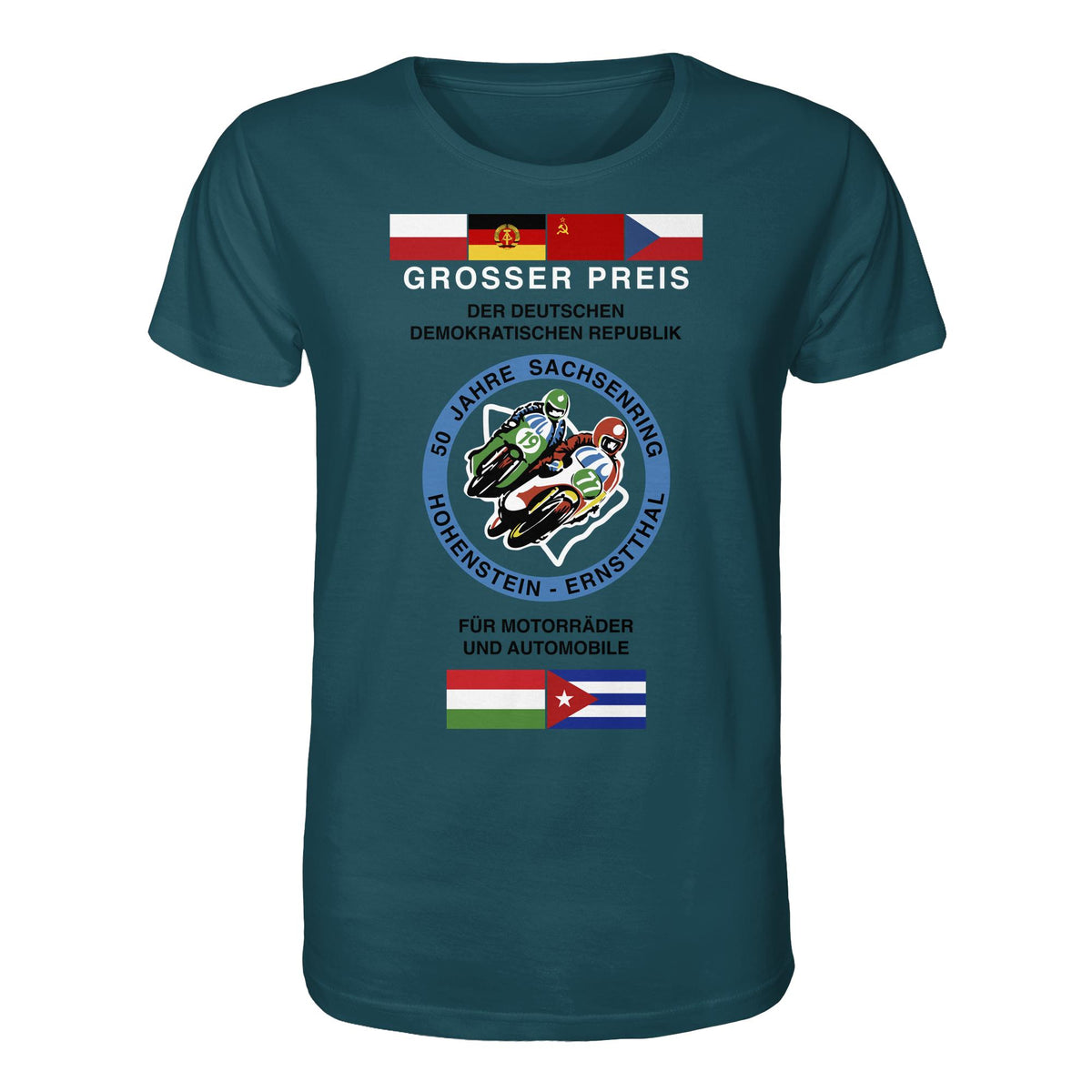 DDR Ostalgie Bio-Shirt Unisex • 50 JAHRE SACHSENRING - GROSSER PREIS DER DDR 1977