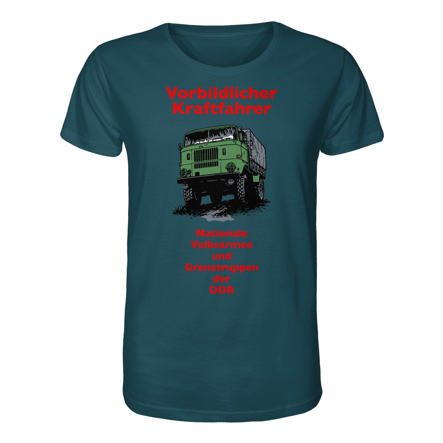 DDR Ostalgie Bio-Shirt Unisex • VORBILDLICHER KRAFTFAHRER, NVA (ORIGINAL WIMPELMOTIV)