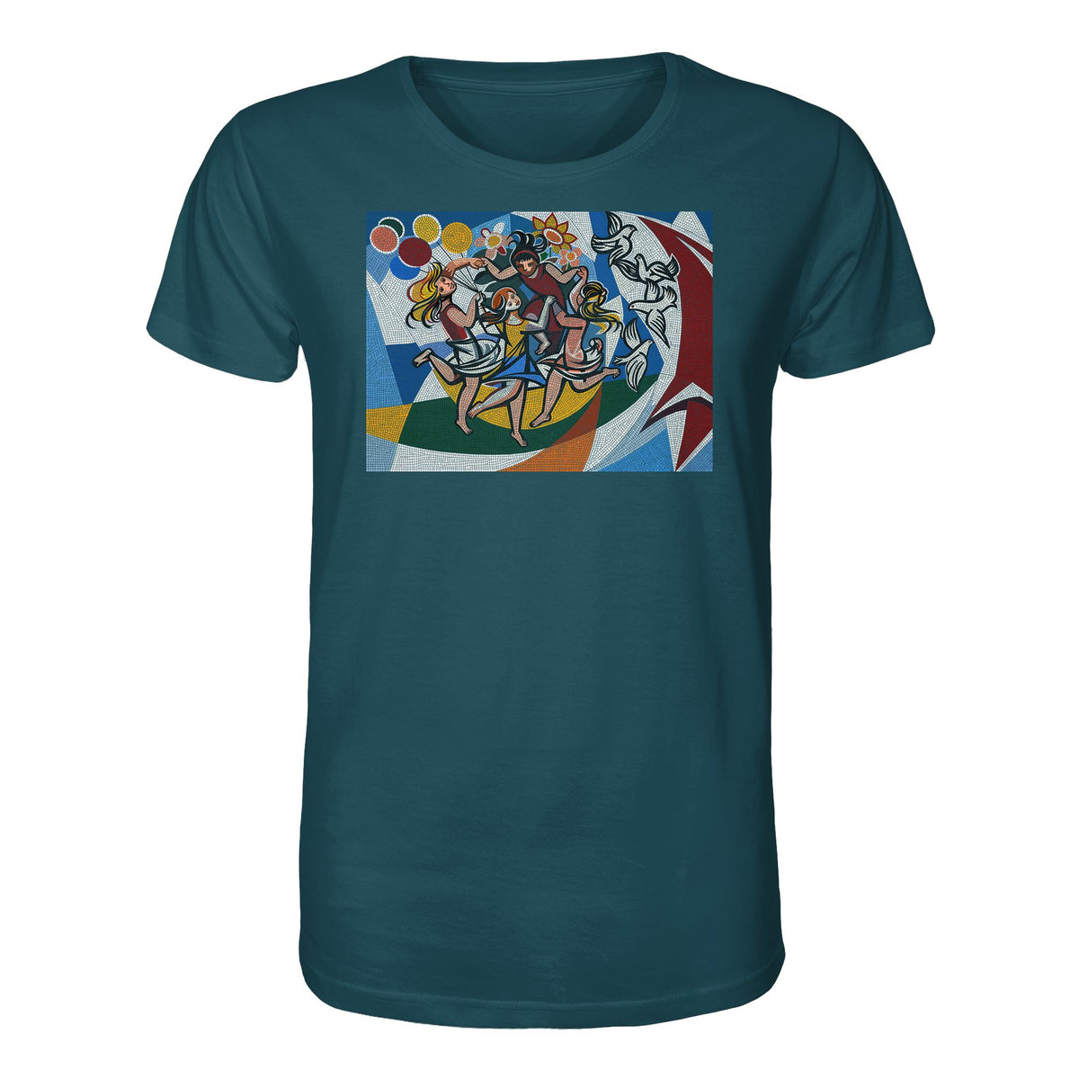 DDR Ostalgie Bio-Shirt Unisex • WALTER WOMACKA - TANZENDE MÄDCHEN MIT FRIEDENSTAUBEN MIT MOSAIK-HINTERGRUND (HAUS DES LEHRERS, 1964)