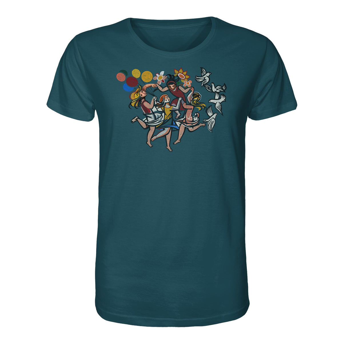DDR Ostalgie Bio-Shirt Unisex • WALTER WOMACKA - TANZENDE MÄDCHEN MIT FRIEDENSTAUBEN (MOSAIK HAUS DES LEHRERS, 1964)