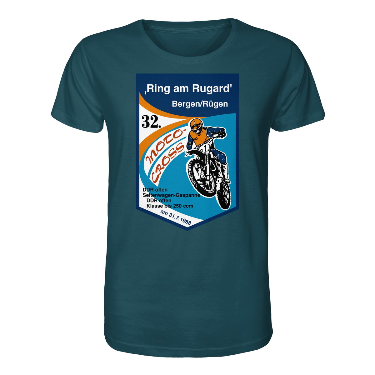 DDR Ostalgie Bio-Shirt Unisex • RING AM RUGARD, RÜGEN 32. MOTO-CROSS-RENNEN 1988 (ORIGINAL-WIMPEL)
