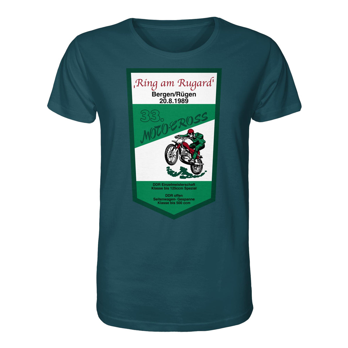 DDR Ostalgie Bio-Shirt Unisex • RING AM RUGARD, RÜGEN 33. MOTO-CROSS-RENNEN 1989 (ORIGINAL-WIMPEL)