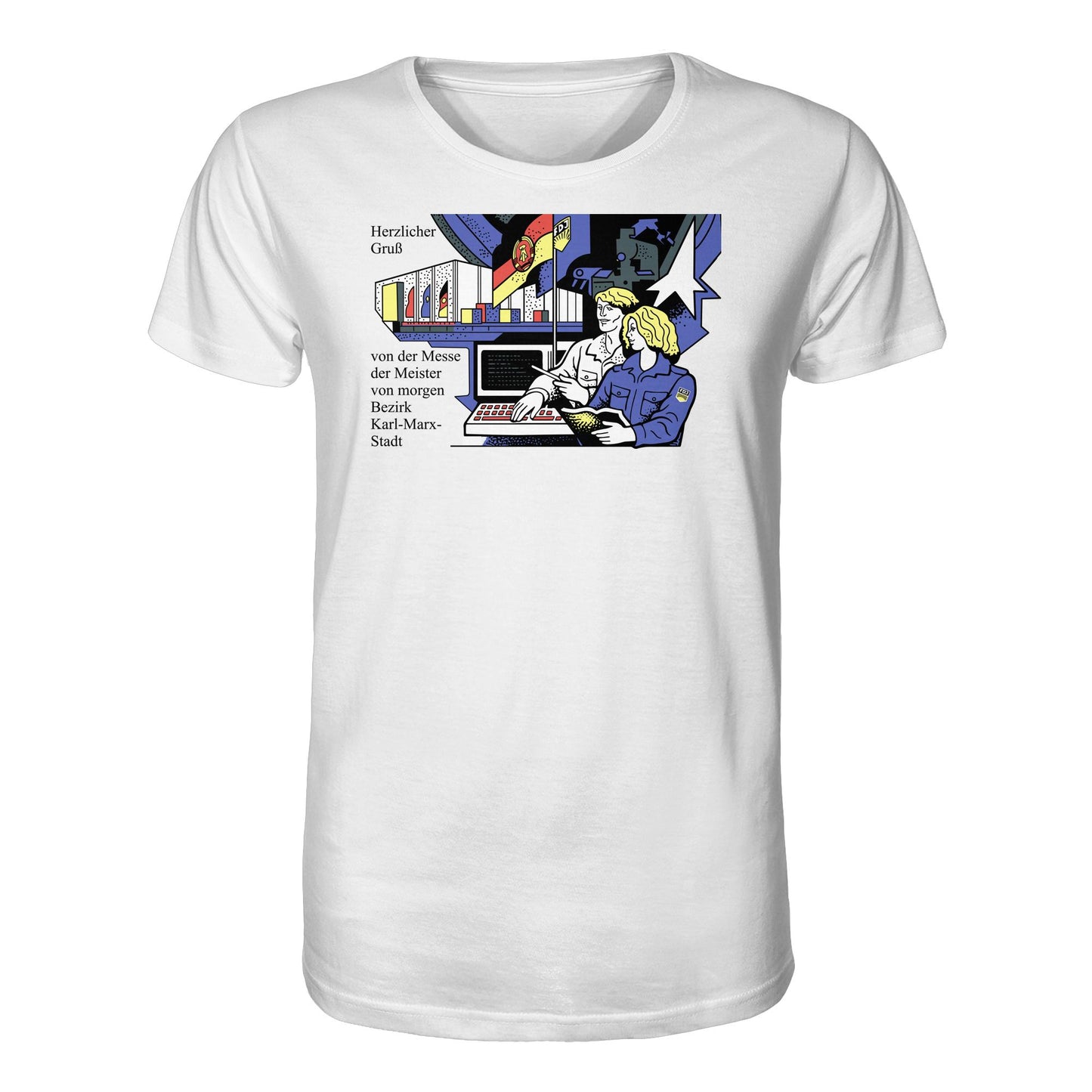 DDR Ostalgie Bio-Shirt Unisex • MESSE DER MEISTER VON MORGEN, KARL-MARX-STADT (ORIGINAL BRIEFMARKE)