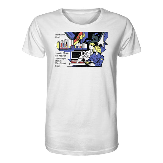 DDR Ostalgie Bio-Shirt Unisex • MESSE DER MEISTER VON MORGEN, KARL-MARX-STADT (ORIGINAL BRIEFMARKE)