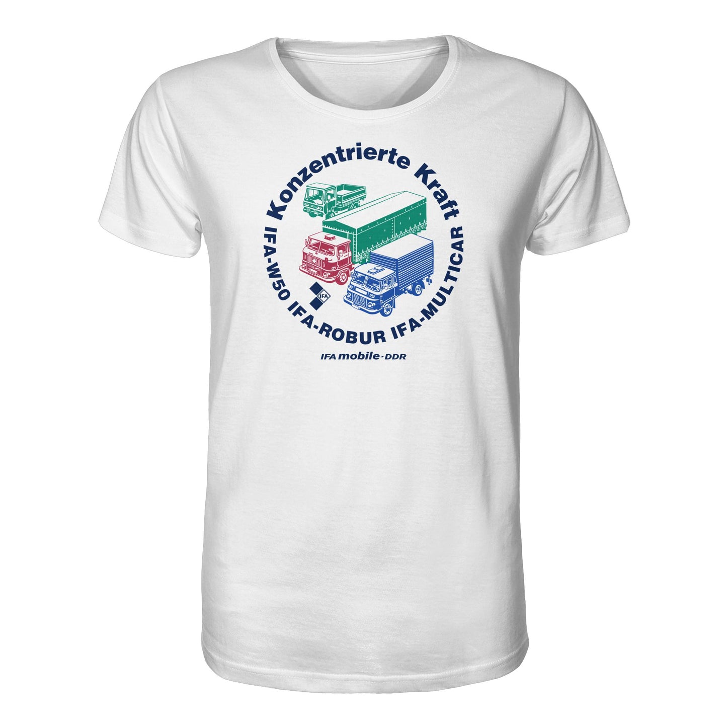 DDR Ostalgie Bio-Shirt Unisex • IFA KONZENTRIERTE KRAFT - W50, ROBUR, MULTICAR (ORIGINAL WIMPELMOTIV)