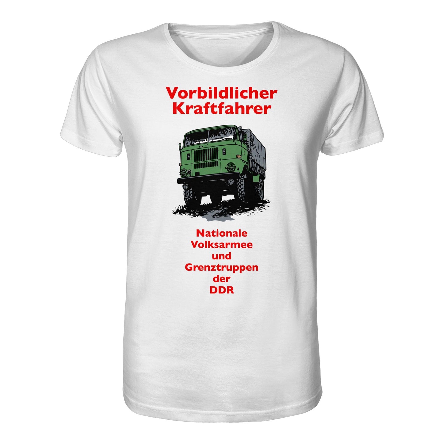 DDR Ostalgie Bio-Shirt Unisex • VORBILDLICHER KRAFTFAHRER, NVA (ORIGINAL WIMPELMOTIV)