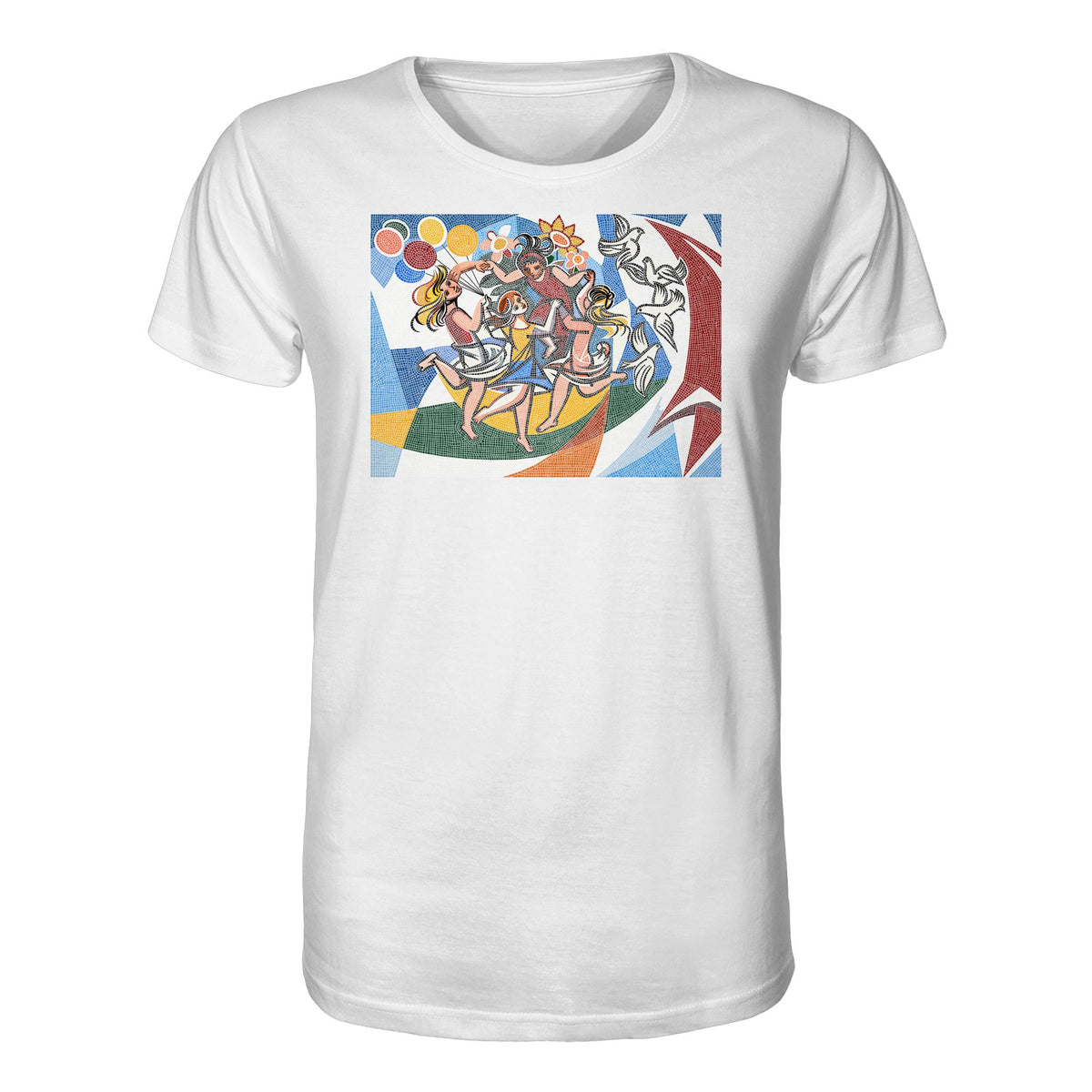 DDR Ostalgie Bio-Shirt Unisex • WALTER WOMACKA - TANZENDE MÄDCHEN MIT FRIEDENSTAUBEN MIT MOSAIK-HINTERGRUND (HAUS DES LEHRERS, 1964)