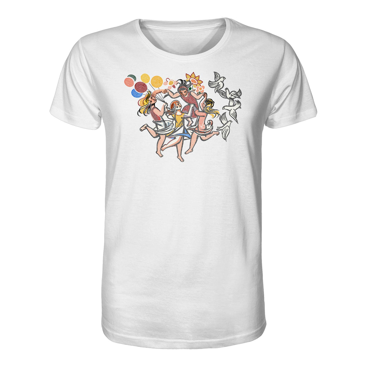 DDR Ostalgie Bio-Shirt Unisex • WALTER WOMACKA - TANZENDE MÄDCHEN MIT FRIEDENSTAUBEN (MOSAIK HAUS DES LEHRERS, 1964)