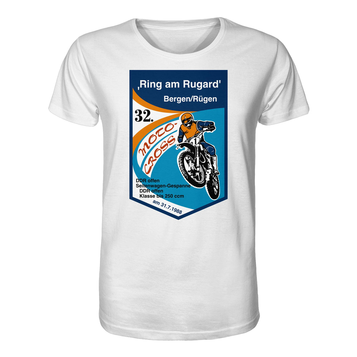DDR Ostalgie Bio-Shirt Unisex • RING AM RUGARD, RÜGEN 32. MOTO-CROSS-RENNEN 1988 (ORIGINAL-WIMPEL)