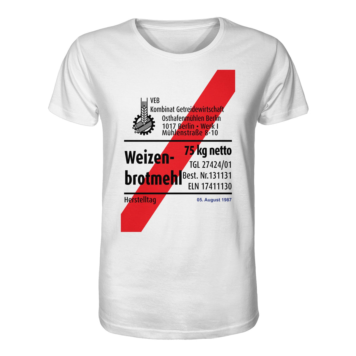 DDR Ostalgie Bio-Shirt Unisex • WEIZENMEHL - VEB KOMBINAT GETREIDEWIRTSCHAFT (ORIGINAL-VERPACKUNG)
