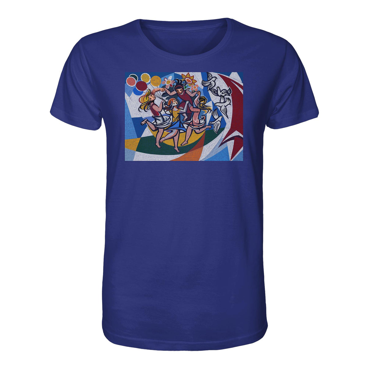 DDR Ostalgie Bio-Shirt Unisex • WALTER WOMACKA - TANZENDE MÄDCHEN MIT FRIEDENSTAUBEN MIT MOSAIK-HINTERGRUND (HAUS DES LEHRERS, 1964)