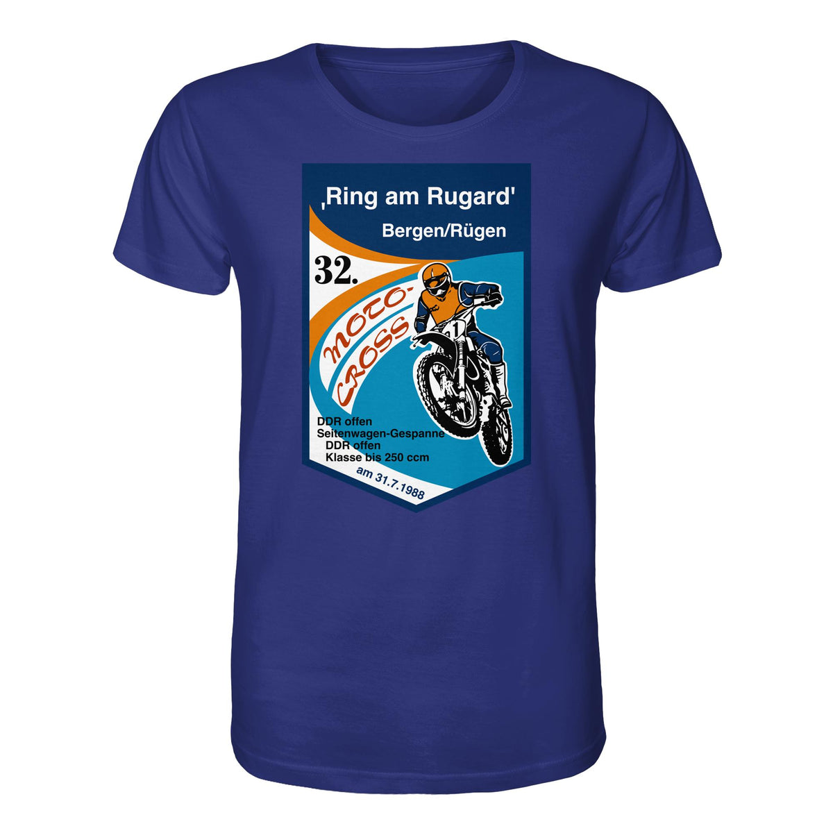 DDR Ostalgie Bio-Shirt Unisex • RING AM RUGARD, RÜGEN 32. MOTO-CROSS-RENNEN 1988 (ORIGINAL-WIMPEL)