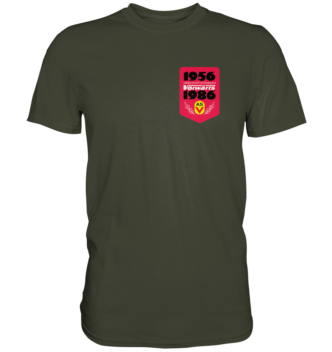 DDR Ostalgie Shirt Unisex • ARMEESPORTVEREINIGUNG VORWÄRTS 1956-1986, BRUST BADGE