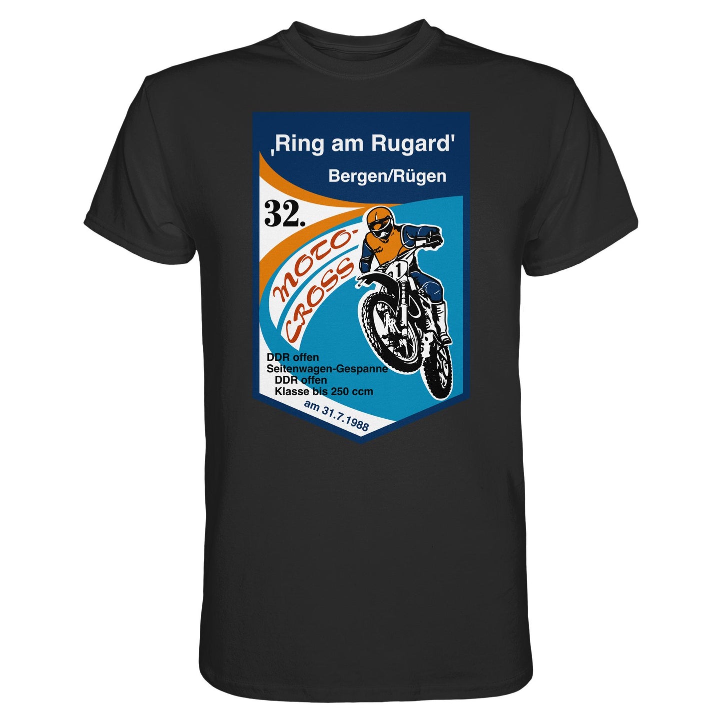 DDR Ostalgie Shirt Unisex • RING AM RUGARD, RÜGEN 32. MOTO-CROSS-RENNEN 1988 (ORIGINAL-WIMPEL)