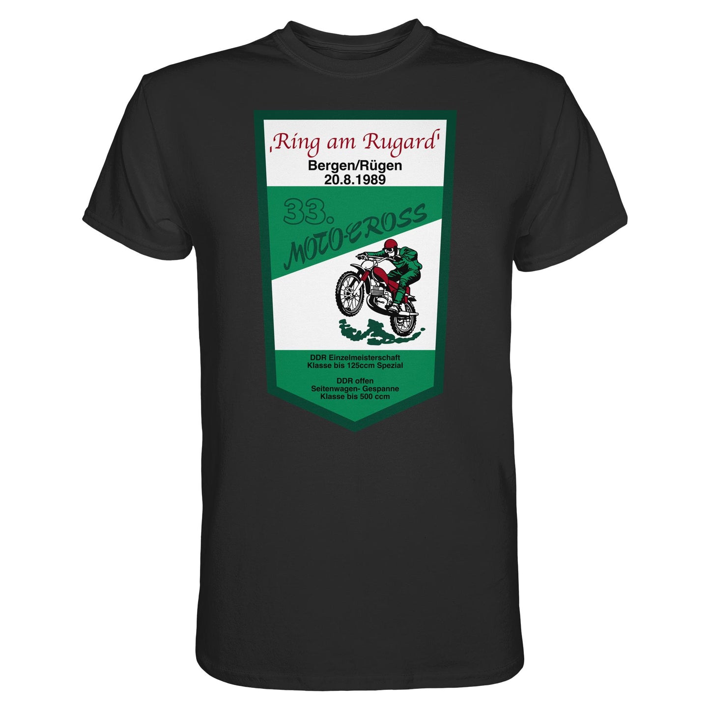 DDR Ostalgie Shirt Unisex • RING AM RUGARD, RÜGEN 33. MOTO-CROSS-RENNEN 1989 (ORIGINAL-WIMPEL)