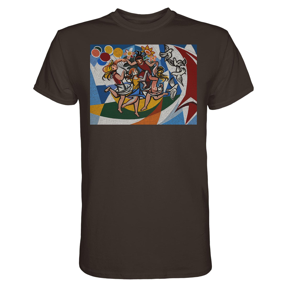 DDR Ostalgie Shirt Unisex • WALTER WOMACKA - TANZENDE MÄDCHEN MIT FRIEDENSTAUBEN MIT MOSAIK-HINTERGRUND (HAUS DES LEHRERS, 1964)