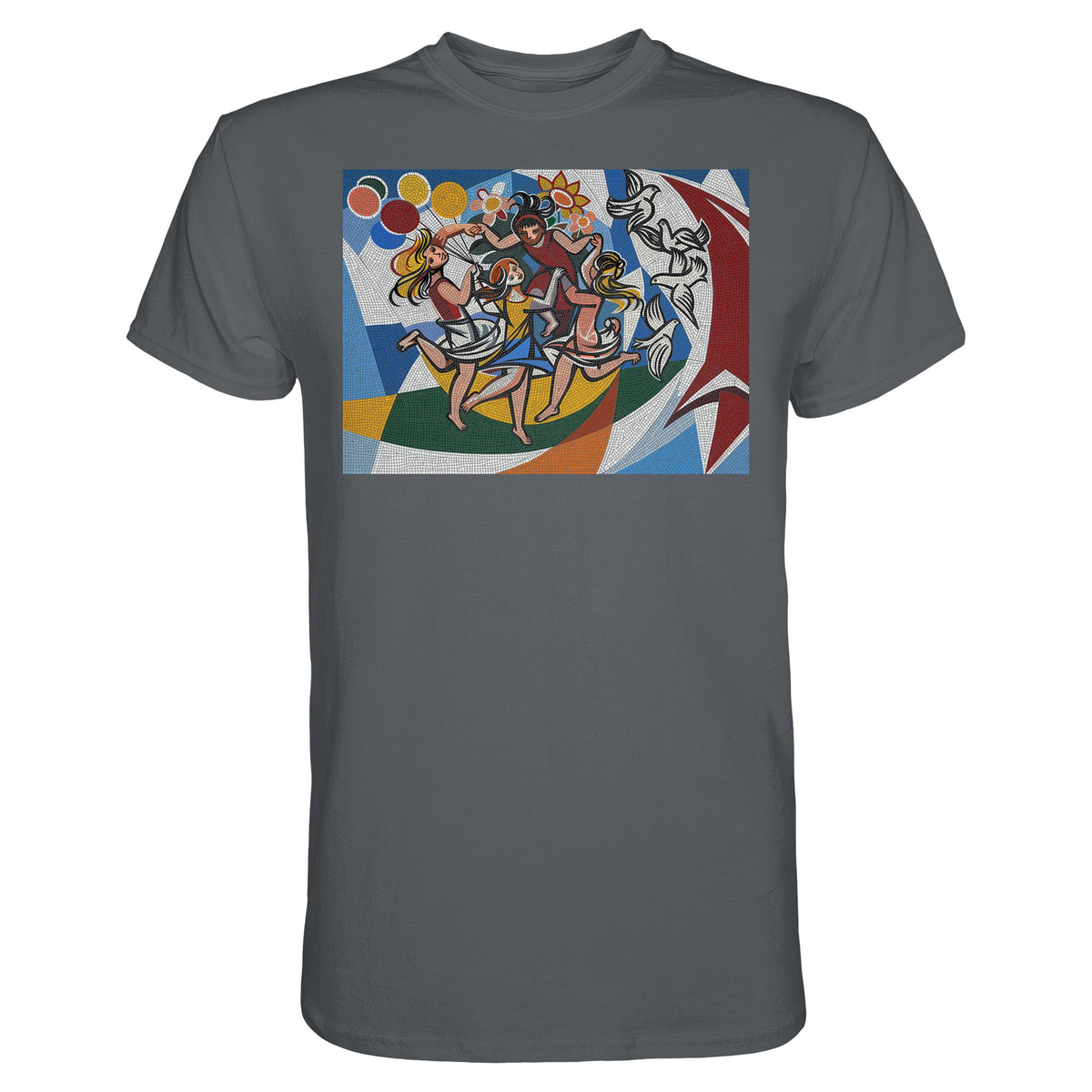 DDR Ostalgie Shirt Unisex • WALTER WOMACKA - TANZENDE MÄDCHEN MIT FRIEDENSTAUBEN MIT MOSAIK-HINTERGRUND (HAUS DES LEHRERS, 1964)