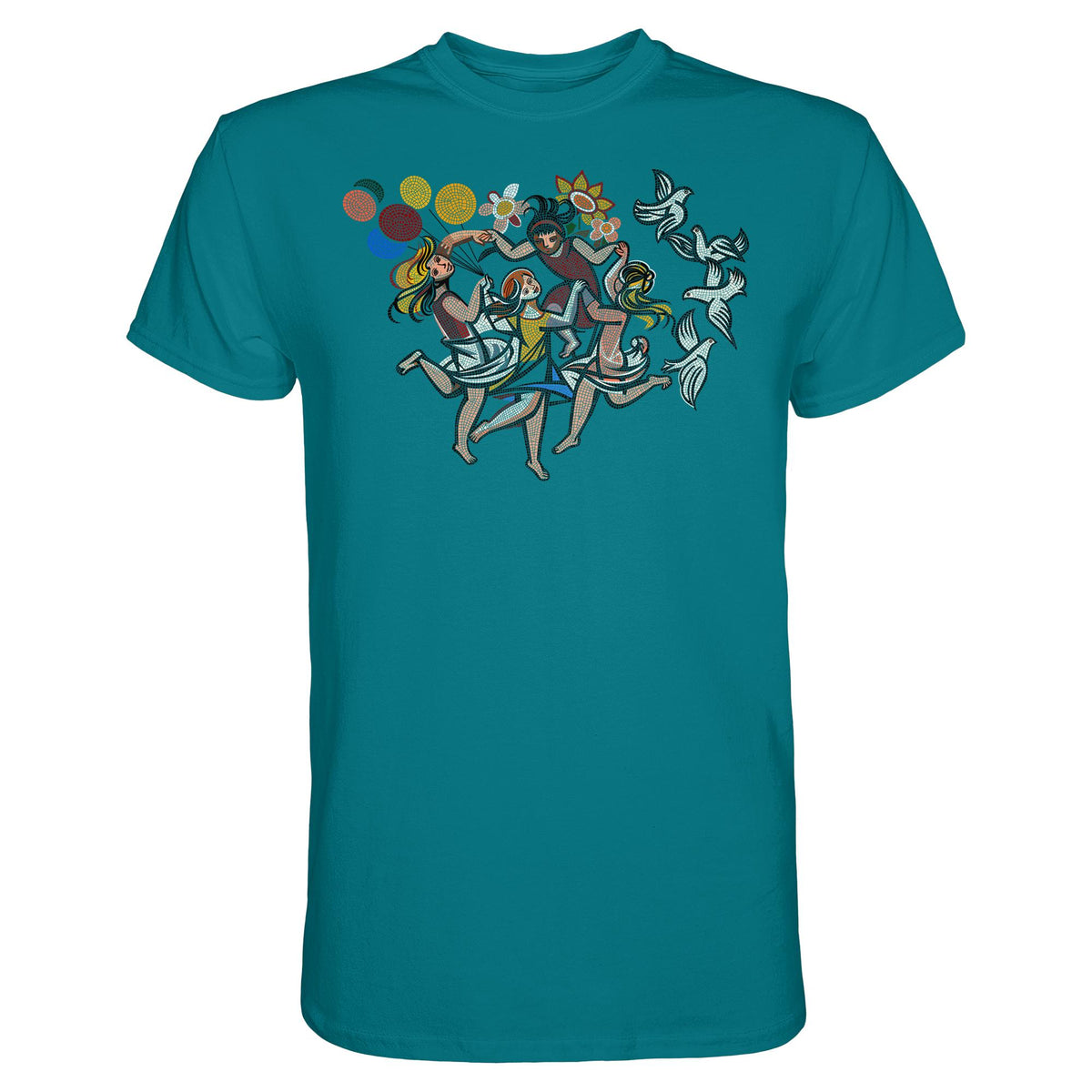 DDR Ostalgie Shirt Unisex • WALTER WOMACKA - TANZENDE MÄDCHEN MIT FRIEDENSTAUBEN (MOSAIK HAUS DES LEHRERS, 1964)