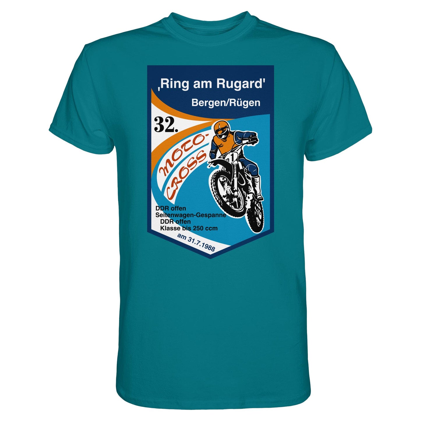 DDR Ostalgie Shirt Unisex • RING AM RUGARD, RÜGEN 32. MOTO-CROSS-RENNEN 1988 (ORIGINAL-WIMPEL)
