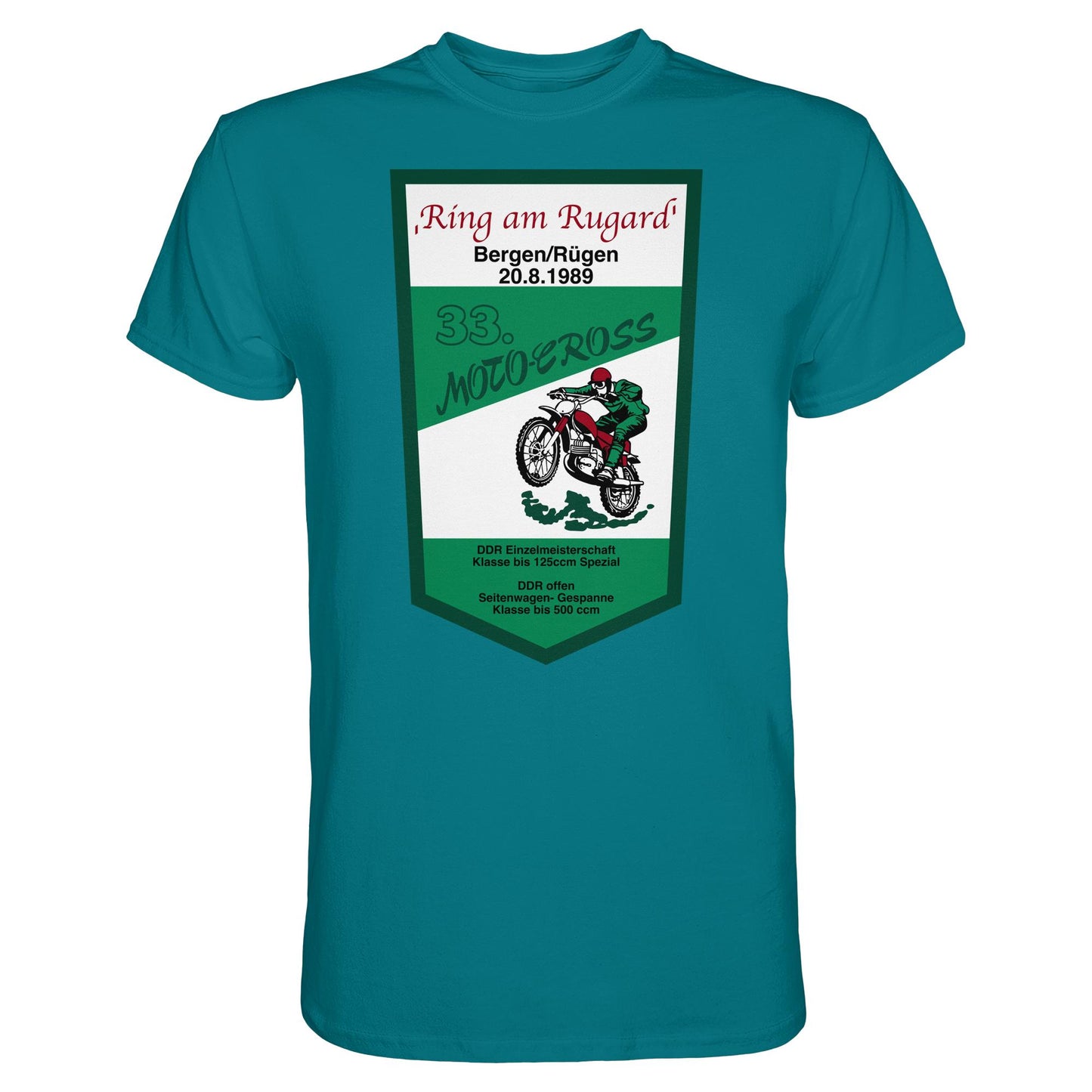 DDR Ostalgie Shirt Unisex • RING AM RUGARD, RÜGEN 33. MOTO-CROSS-RENNEN 1989 (ORIGINAL-WIMPEL)