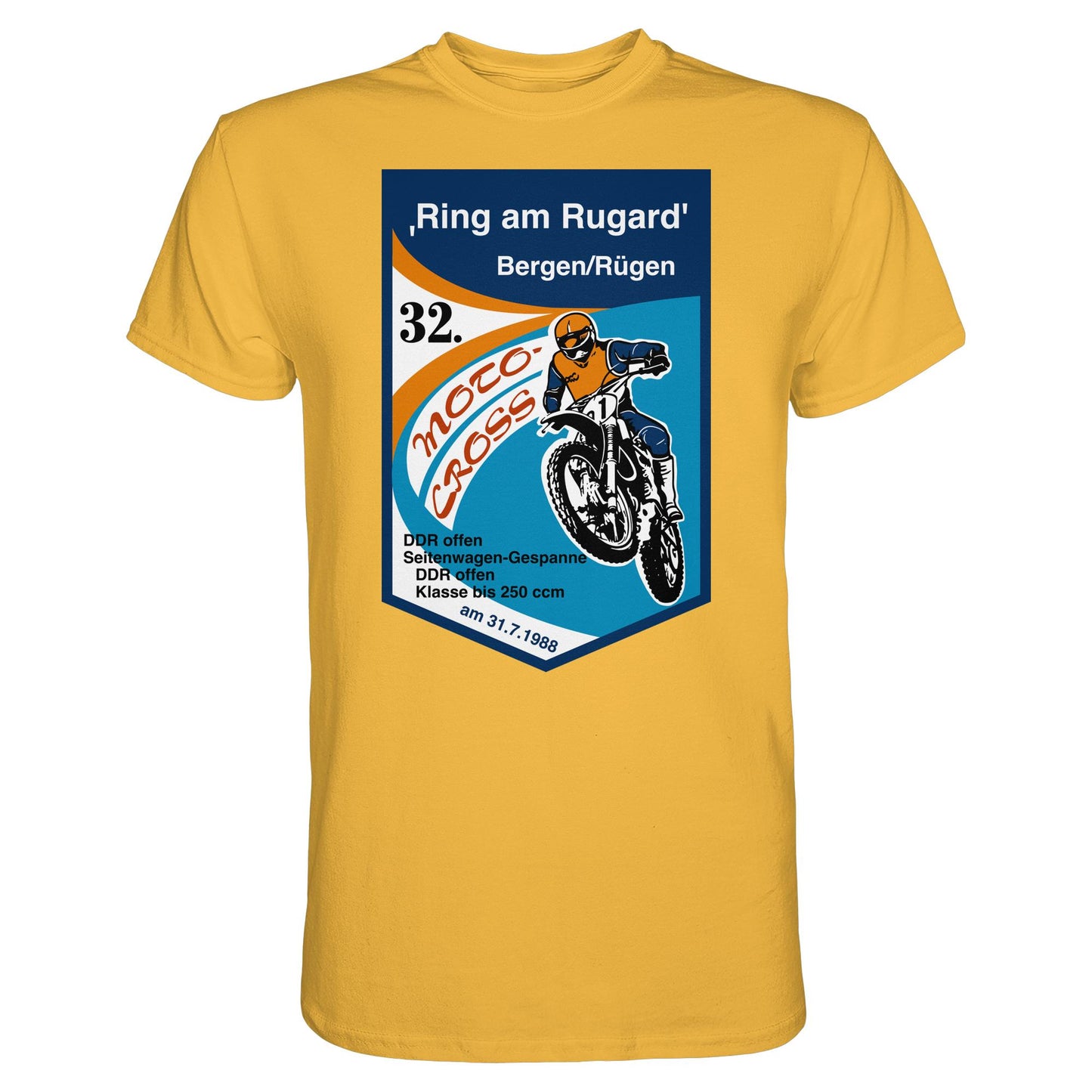 DDR Ostalgie Shirt Unisex • RING AM RUGARD, RÜGEN 32. MOTO-CROSS-RENNEN 1988 (ORIGINAL-WIMPEL)