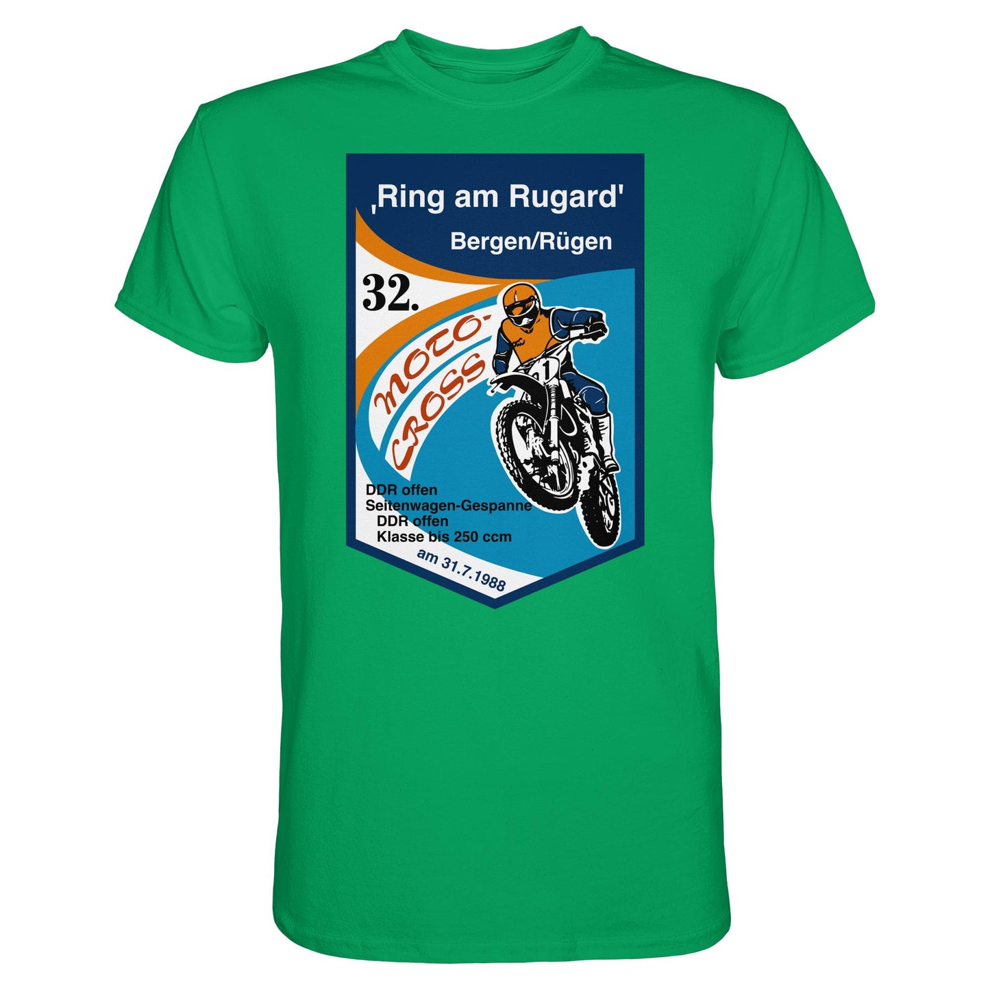 DDR Ostalgie Shirt Unisex • RING AM RUGARD, RÜGEN 32. MOTO-CROSS-RENNEN 1988 (ORIGINAL-WIMPEL)