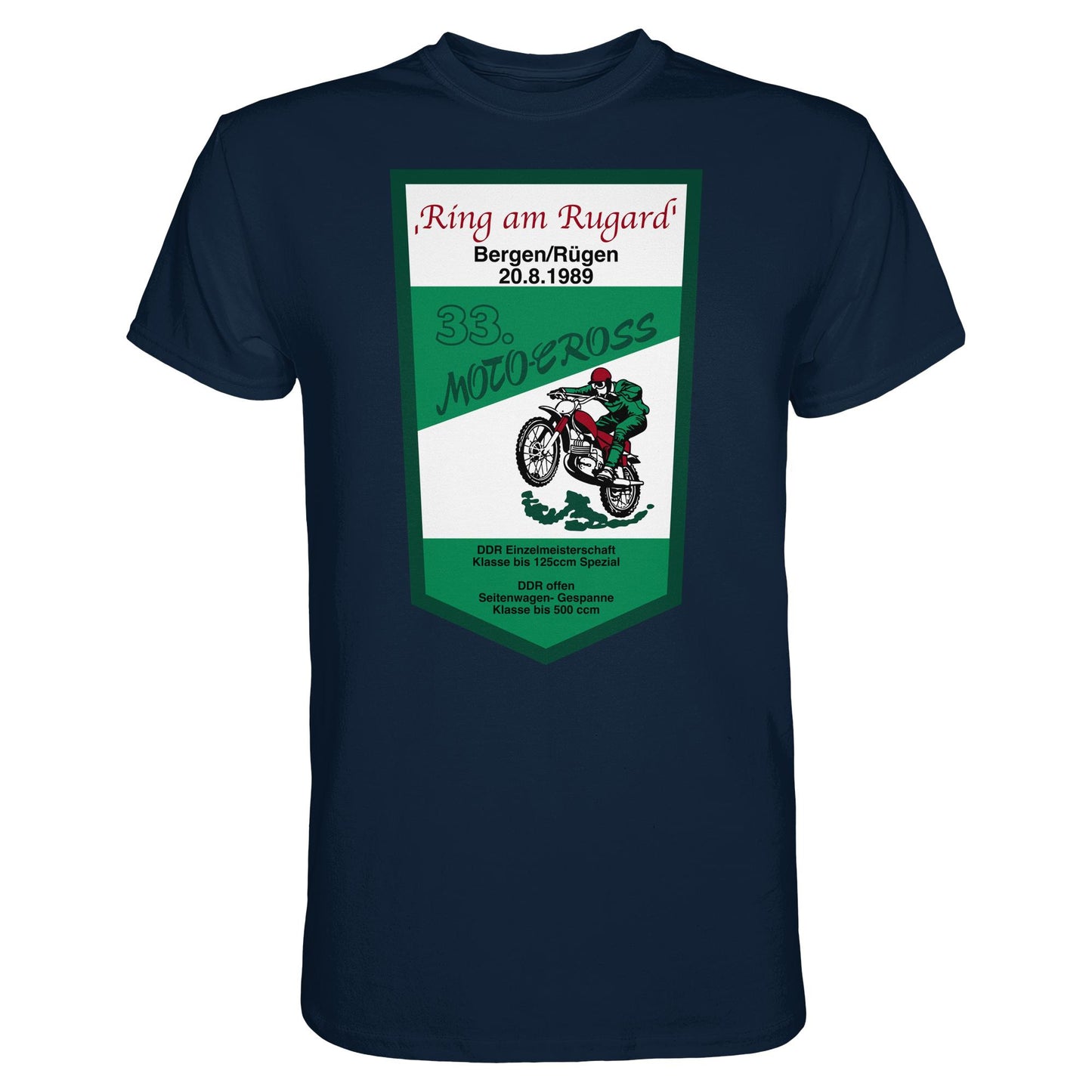DDR Ostalgie Shirt Unisex • RING AM RUGARD, RÜGEN 33. MOTO-CROSS-RENNEN 1989 (ORIGINAL-WIMPEL)