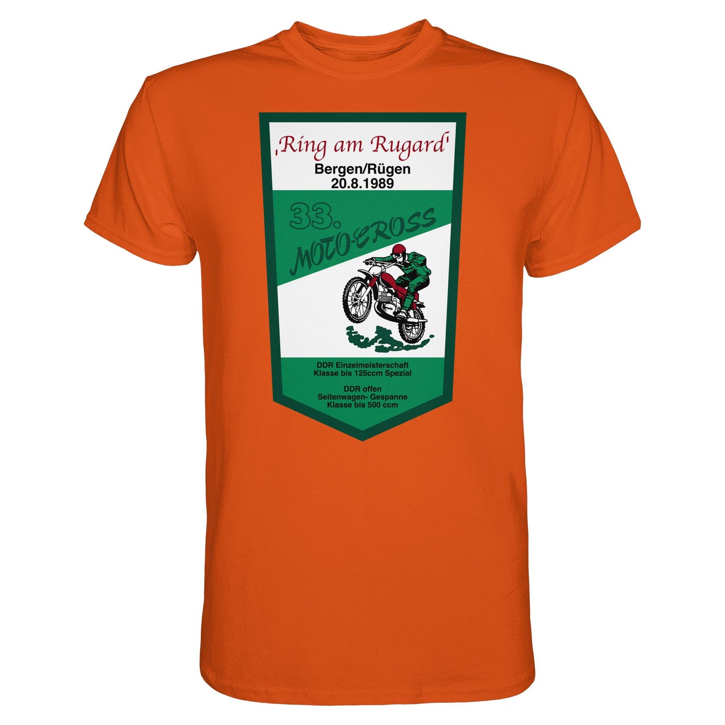 DDR Ostalgie Shirt Unisex • RING AM RUGARD, RÜGEN 33. MOTO-CROSS-RENNEN 1989 (ORIGINAL-WIMPEL)