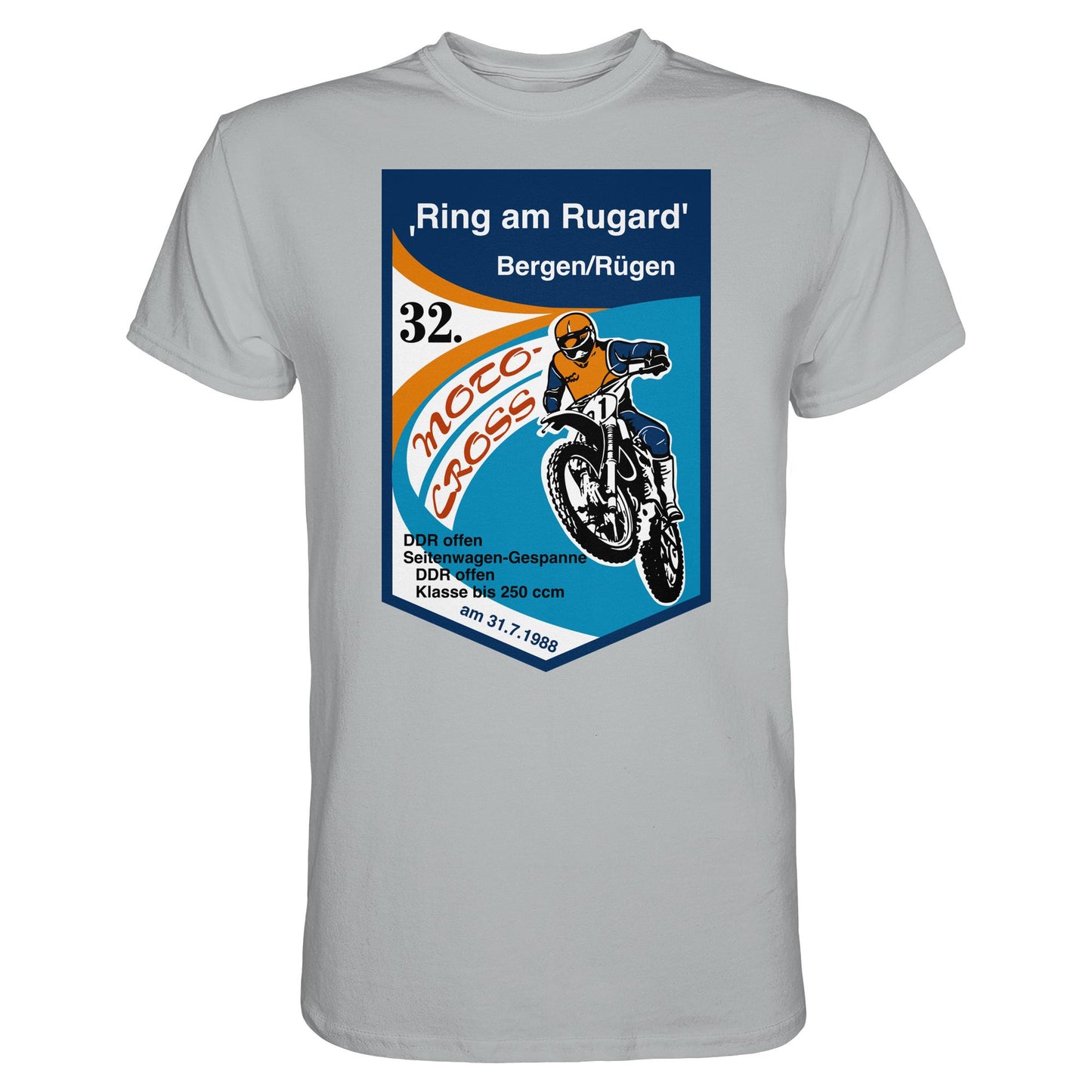 DDR Ostalgie Shirt Unisex • RING AM RUGARD, RÜGEN 32. MOTO-CROSS-RENNEN 1988 (ORIGINAL-WIMPEL)