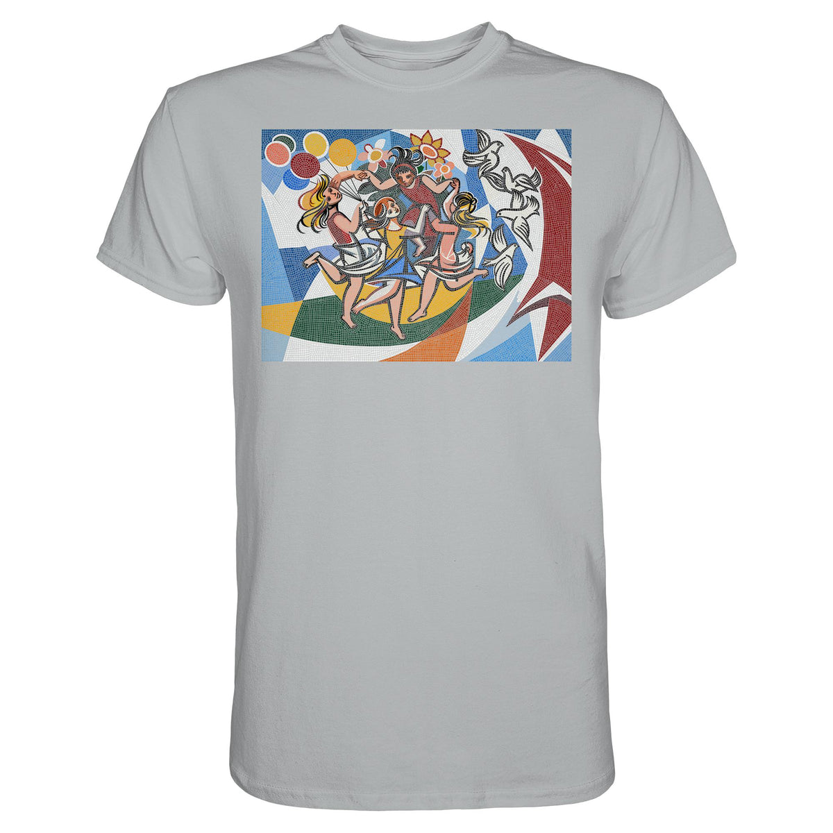 DDR Ostalgie Shirt Unisex • WALTER WOMACKA - TANZENDE MÄDCHEN MIT FRIEDENSTAUBEN MIT MOSAIK-HINTERGRUND (HAUS DES LEHRERS, 1964)