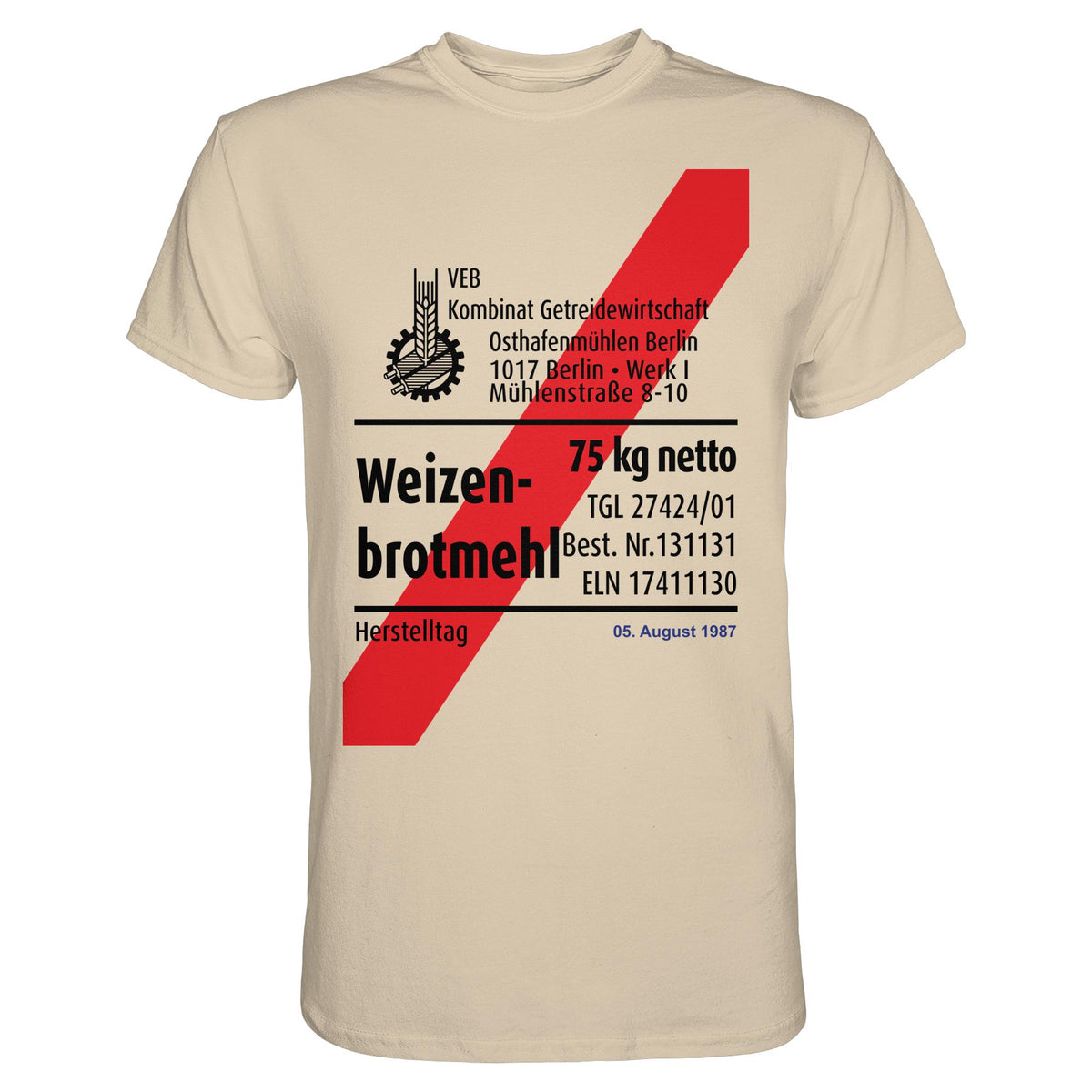 DDR Ostalgie Shirt Unisex • WEIZENMEHL - VEB KOMBINAT GETREIDEWIRTSCHAFT (ORIGINAL-VERPACKUNG)