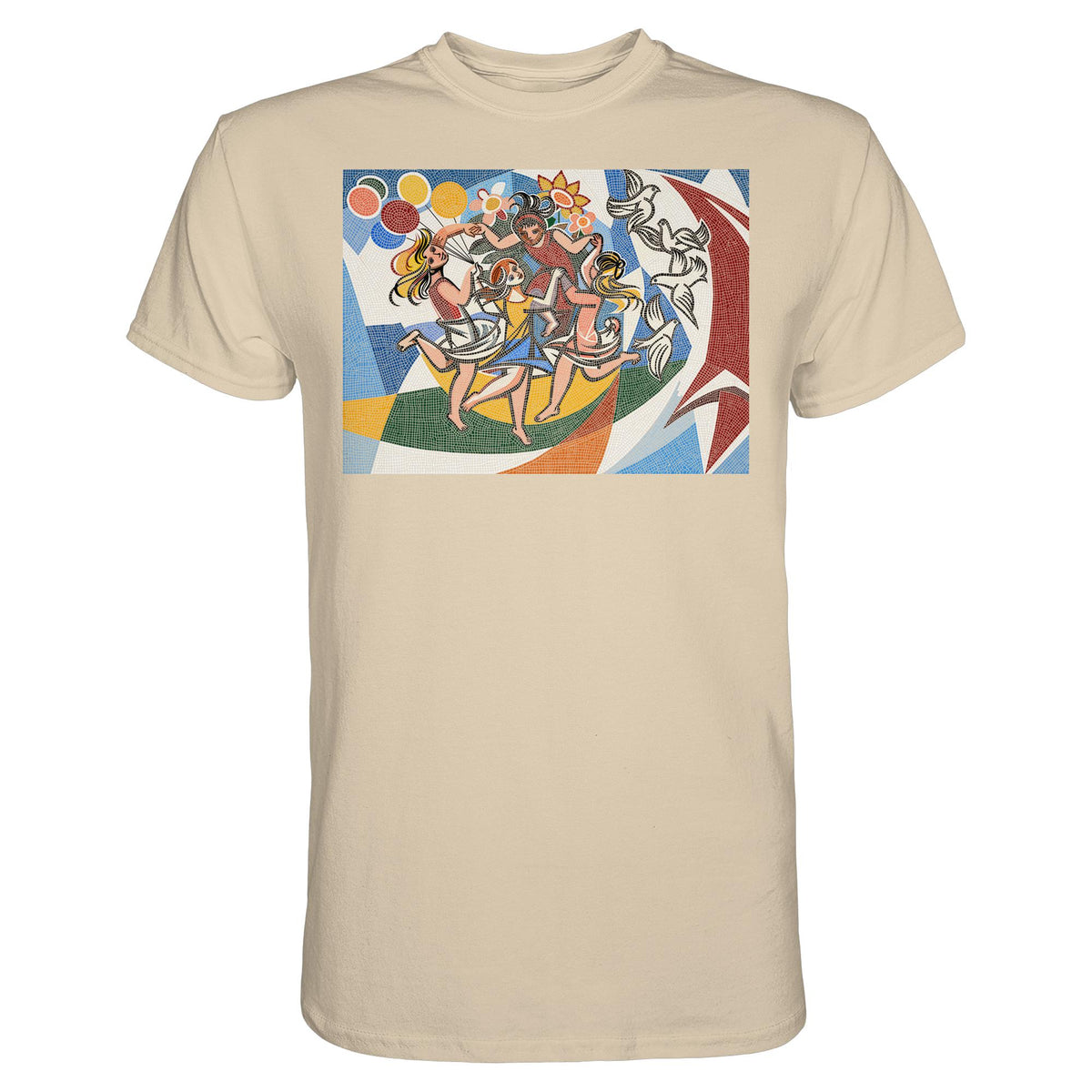 DDR Ostalgie Shirt Unisex • WALTER WOMACKA - TANZENDE MÄDCHEN MIT FRIEDENSTAUBEN MIT MOSAIK-HINTERGRUND (HAUS DES LEHRERS, 1964)