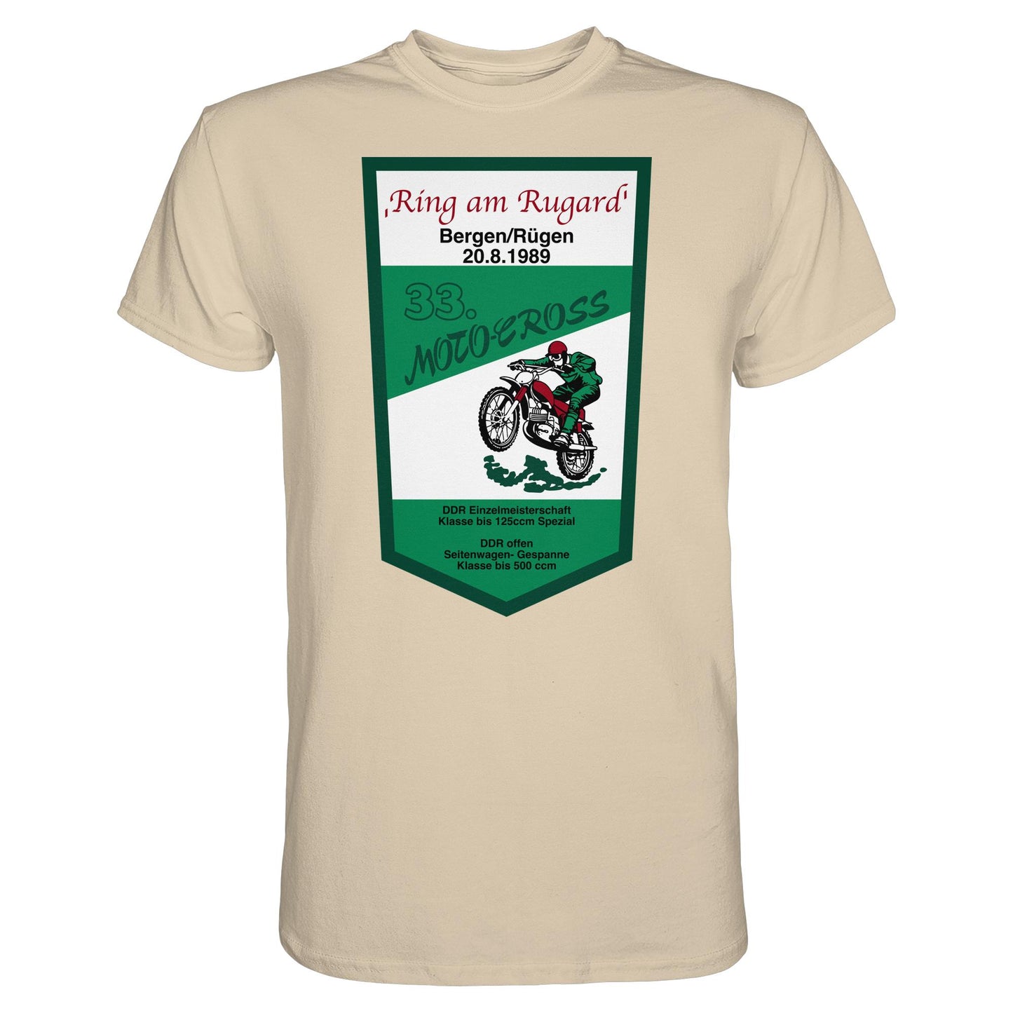 DDR Ostalgie Shirt Unisex • RING AM RUGARD, RÜGEN 33. MOTO-CROSS-RENNEN 1989 (ORIGINAL-WIMPEL)