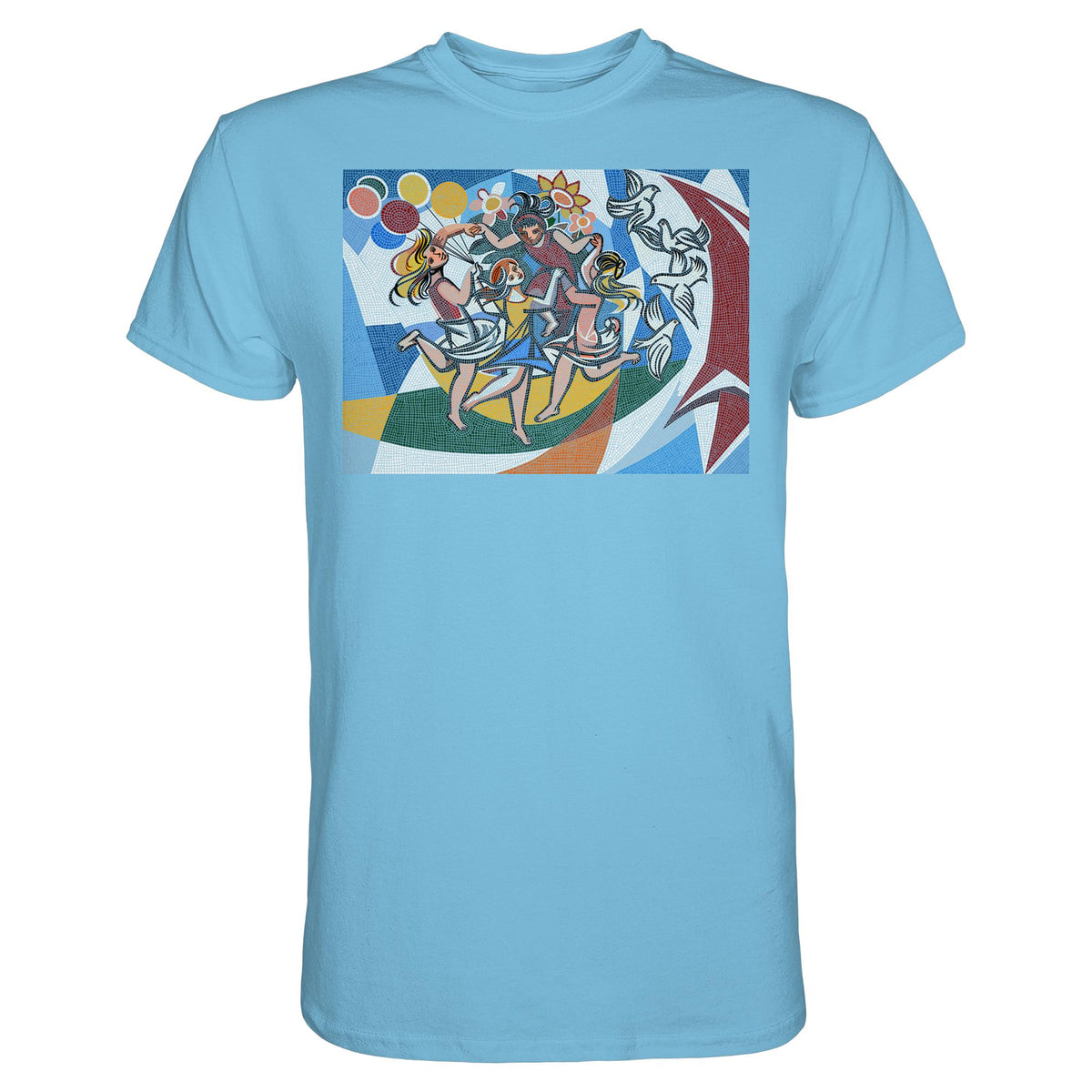 DDR Ostalgie Shirt Unisex • WALTER WOMACKA - TANZENDE MÄDCHEN MIT FRIEDENSTAUBEN MIT MOSAIK-HINTERGRUND (HAUS DES LEHRERS, 1964)