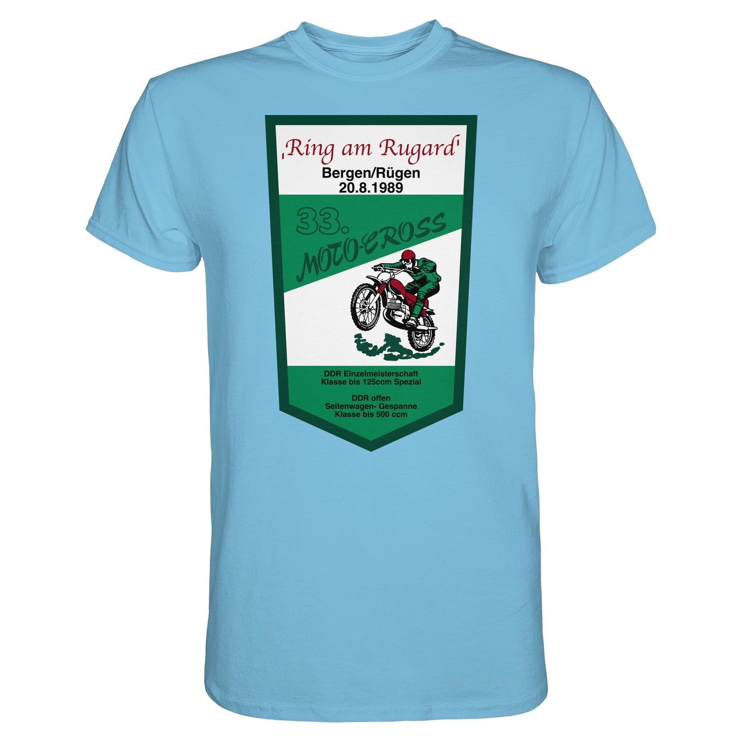 DDR Ostalgie Shirt Unisex • RING AM RUGARD, RÜGEN 33. MOTO-CROSS-RENNEN 1989 (ORIGINAL-WIMPEL)