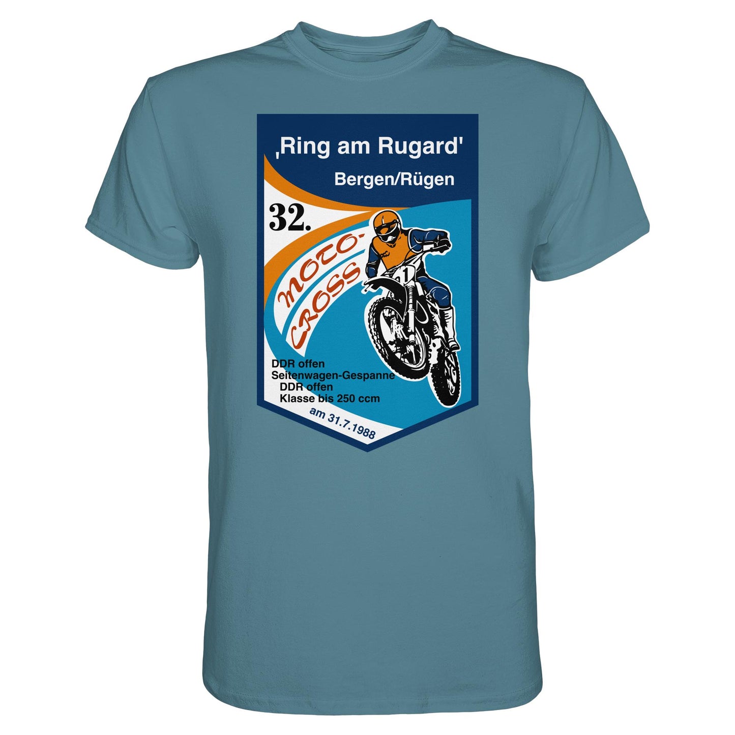 DDR Ostalgie Shirt Unisex • RING AM RUGARD, RÜGEN 32. MOTO-CROSS-RENNEN 1988 (ORIGINAL-WIMPEL)