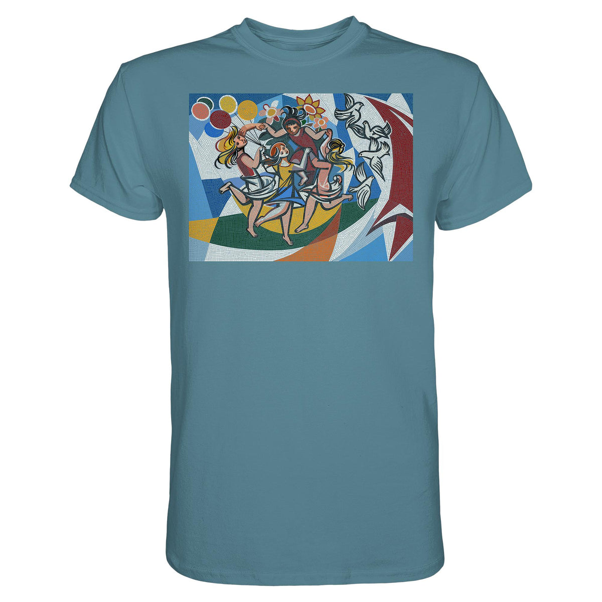 DDR Ostalgie Shirt Unisex • WALTER WOMACKA - TANZENDE MÄDCHEN MIT FRIEDENSTAUBEN MIT MOSAIK-HINTERGRUND (HAUS DES LEHRERS, 1964)