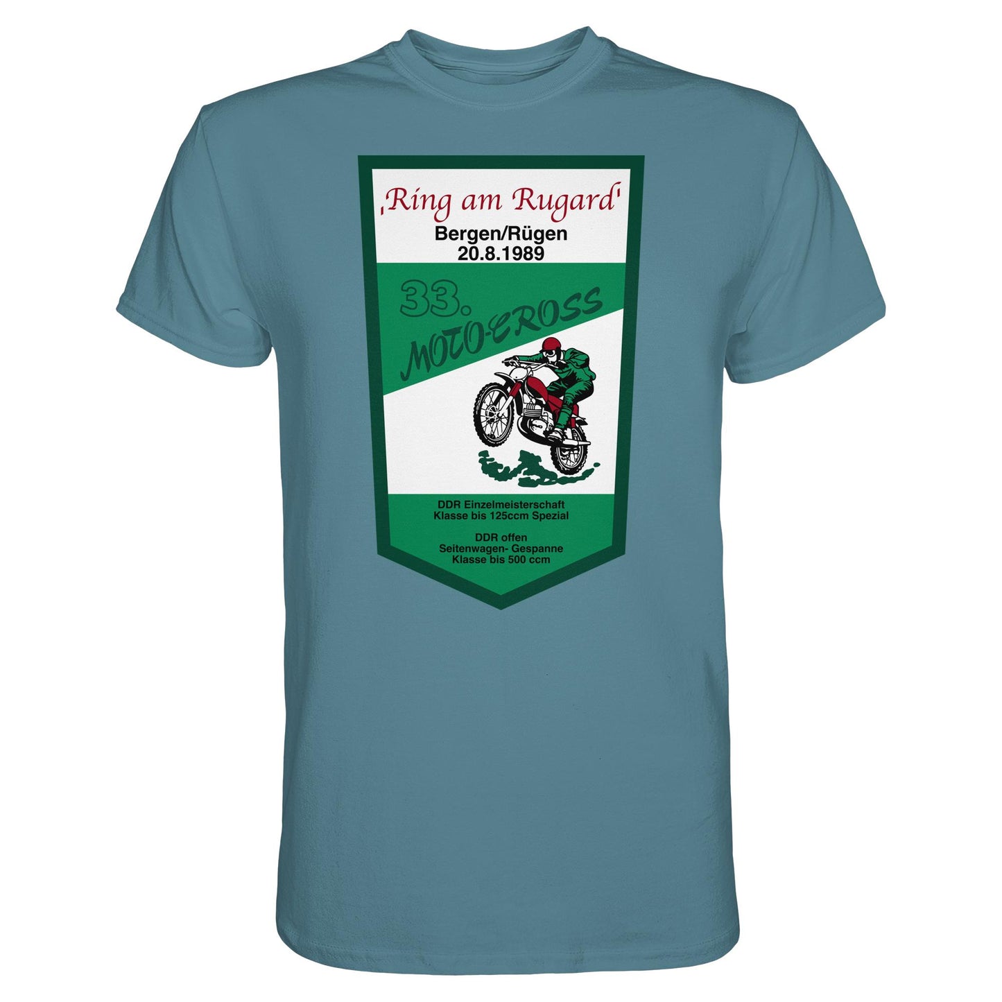 DDR Ostalgie Shirt Unisex • RING AM RUGARD, RÜGEN 33. MOTO-CROSS-RENNEN 1989 (ORIGINAL-WIMPEL)