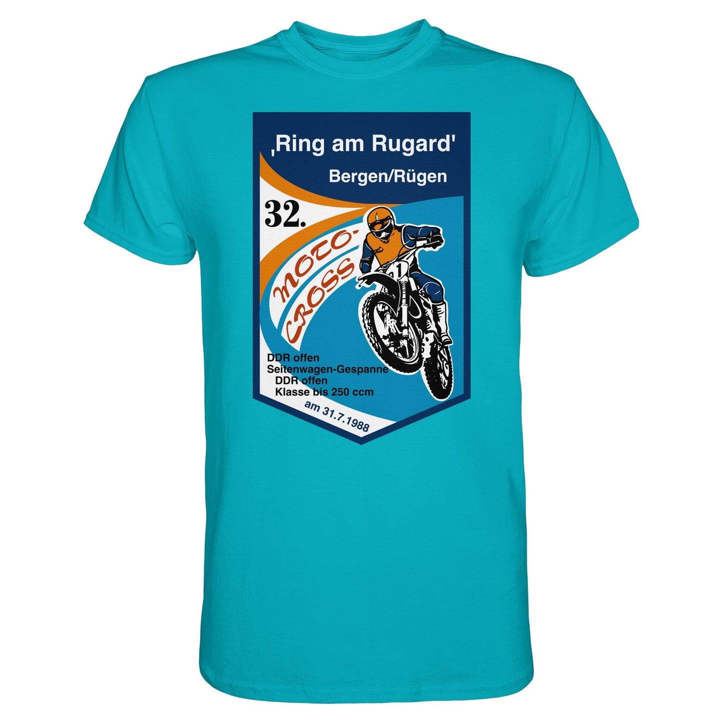 DDR Ostalgie Shirt Unisex • RING AM RUGARD, RÜGEN 32. MOTO-CROSS-RENNEN 1988 (ORIGINAL-WIMPEL)