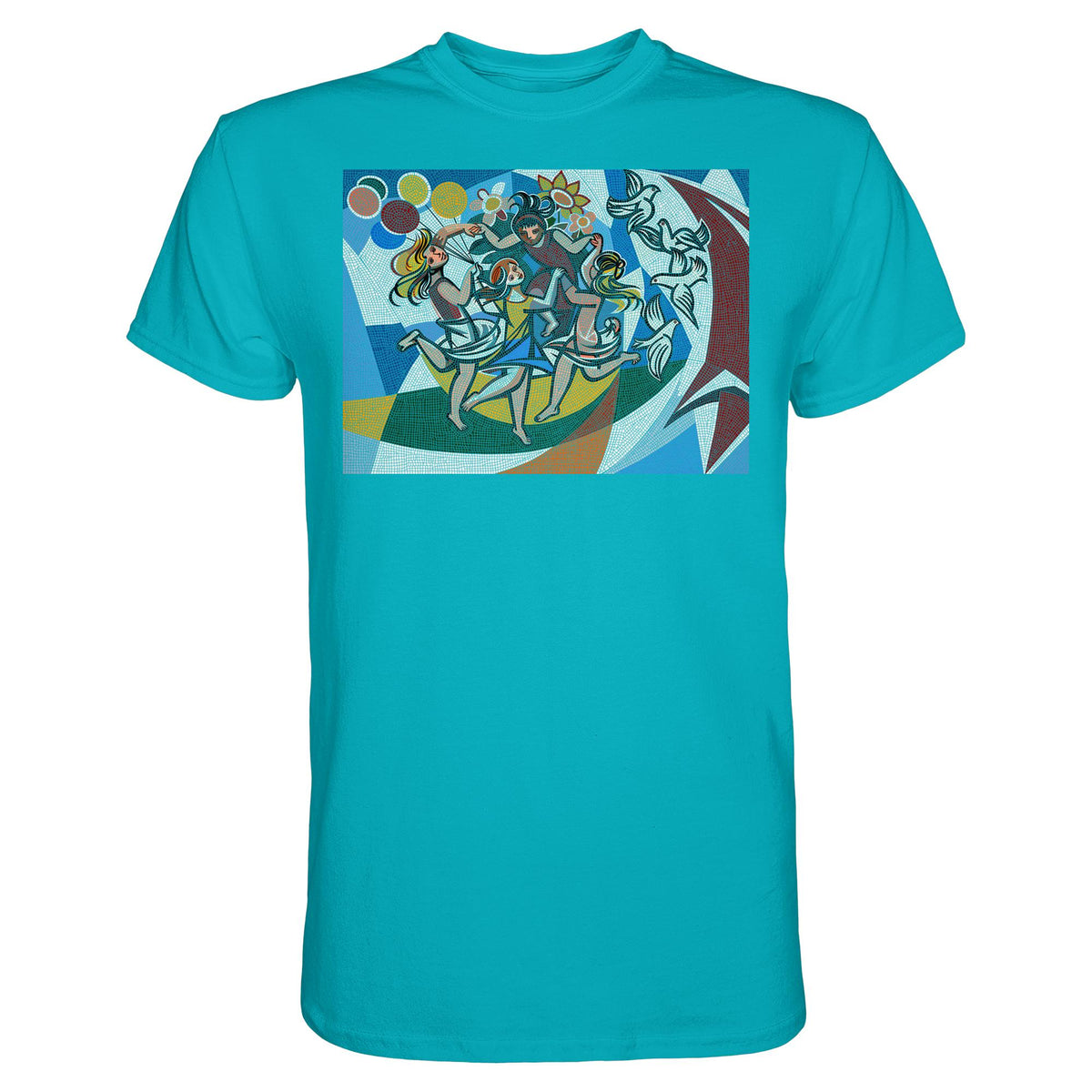 DDR Ostalgie Shirt Unisex • WALTER WOMACKA - TANZENDE MÄDCHEN MIT FRIEDENSTAUBEN MIT MOSAIK-HINTERGRUND (HAUS DES LEHRERS, 1964)