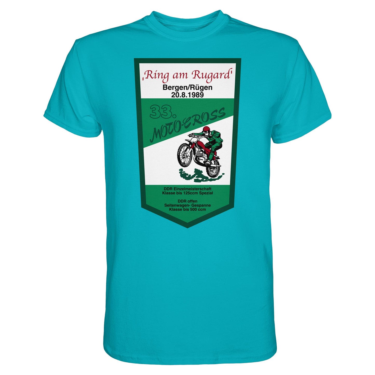 DDR Ostalgie Shirt Unisex • RING AM RUGARD, RÜGEN 33. MOTO-CROSS-RENNEN 1989 (ORIGINAL-WIMPEL)