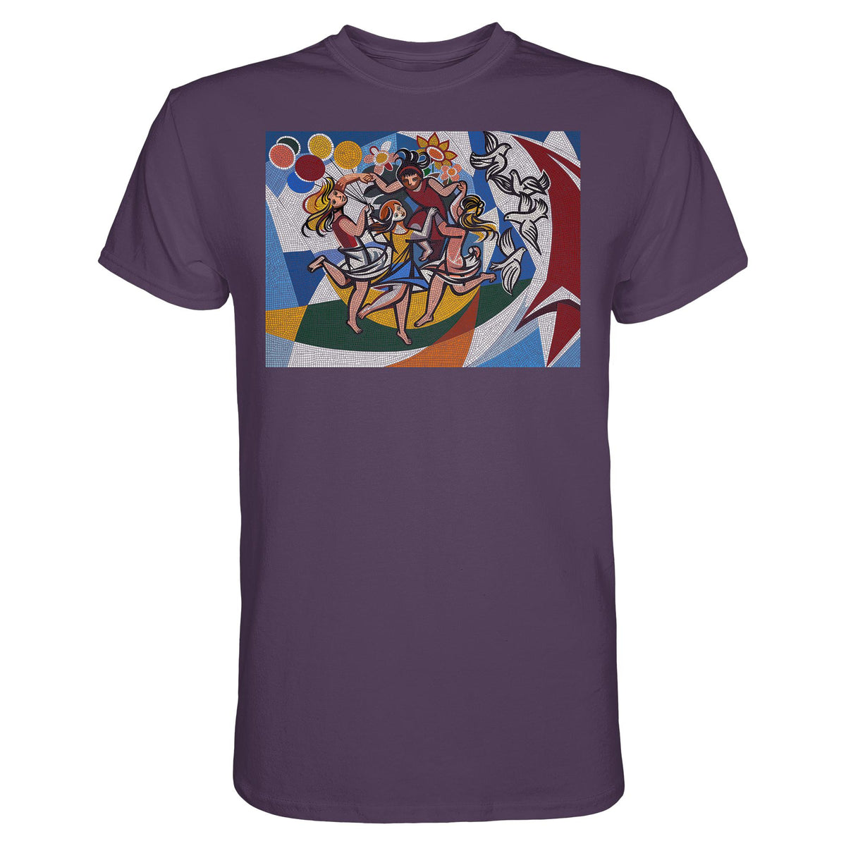 DDR Ostalgie Shirt Unisex • WALTER WOMACKA - TANZENDE MÄDCHEN MIT FRIEDENSTAUBEN MIT MOSAIK-HINTERGRUND (HAUS DES LEHRERS, 1964)