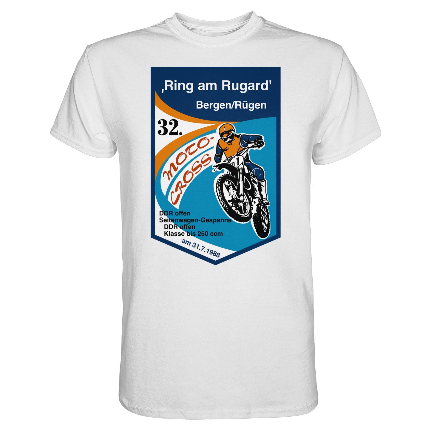 DDR Ostalgie Shirt Unisex • RING AM RUGARD, RÜGEN 32. MOTO-CROSS-RENNEN 1988 (ORIGINAL-WIMPEL)