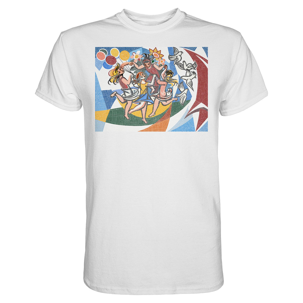 DDR Ostalgie Shirt Unisex • WALTER WOMACKA - TANZENDE MÄDCHEN MIT FRIEDENSTAUBEN MIT MOSAIK-HINTERGRUND (HAUS DES LEHRERS, 1964)